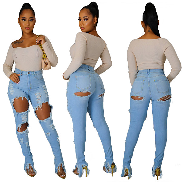 Autumn Women Scratched Ripped Mid-waist Slimming Jeans LX-5503