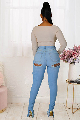 Autumn Women Scratched Ripped Mid-waist Slimming Jeans LX-5503