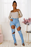 Autumn Women Scratched Ripped Mid-waist Slimming Jeans LX-5503