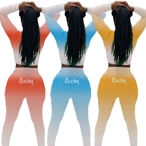 Gradient Long-sleeved Button-down Crop Top Leggings Outfit DY-6639