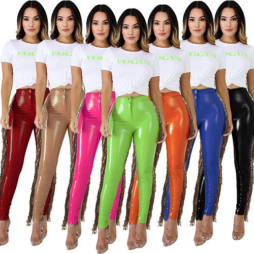 Women High Elastic Stitching Sequins Tassel PU Leather Pants LA-3241