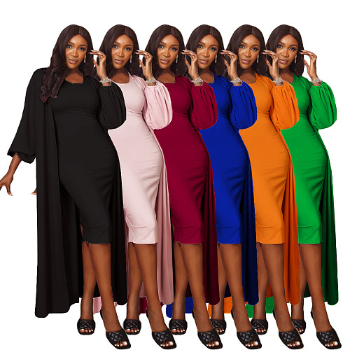 Fashion Long Sleeve Long Coat+Slim Waist Midi Dress 2 Pieces AIL-148
