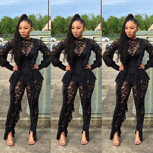 Lace Stitching See Through Long Sleeve Skinny Jumpsuit YD-8042