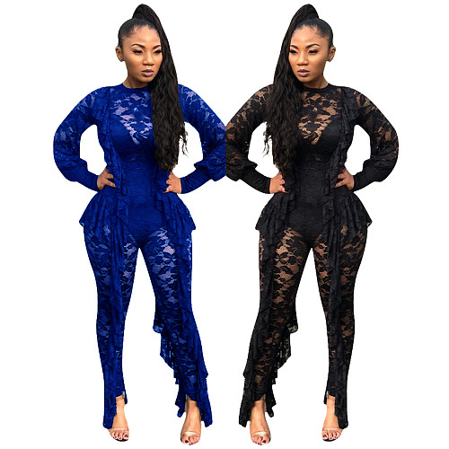 Lace Stitching See Through Long Sleeve Skinny Jumpsuit YD-8042