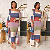 Women Stripe Print Long Coat+Bodice Wrap Dress Two-piece Set NY-7157