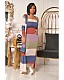 Women Stripe Print Long Coat+Bodice Wrap Dress Two-piece Set NY-7157