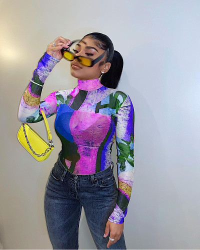 Printed Element Long Sleeve Slim Plus Size Basic T-shirt DAI-8310