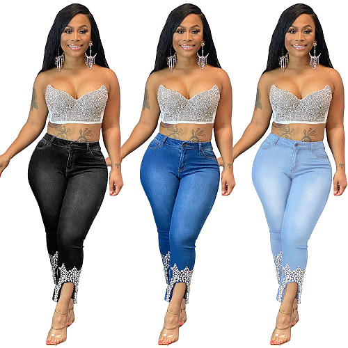 Women Fashion Beaded Plain Skinny Jeans Pencil Pants LSD-9070-2