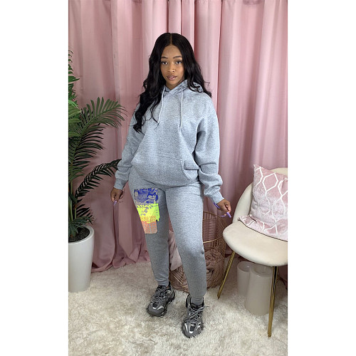 Women Solid Color Drawstring Hoodie Graffiti Sweatpants Tracksuit MDF-5196