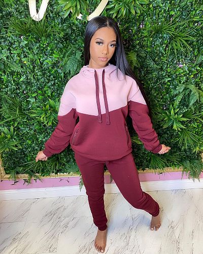 Winter Color Patchwork Long Sleeve Hoodie Pants Matching Set YIM-164