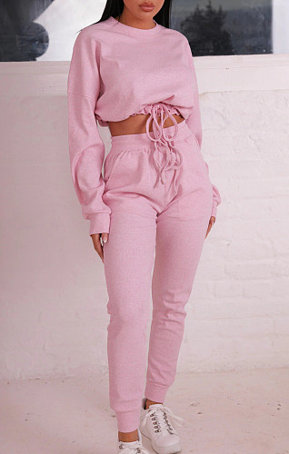Long Sleeve Drawstring Sweatshirt Crop Top Pencil Pant Suit XMY-9291