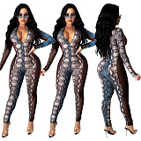 Sexy Snake-print Mesh Stitched Long Sleeve Jumpsuit SHD-9345