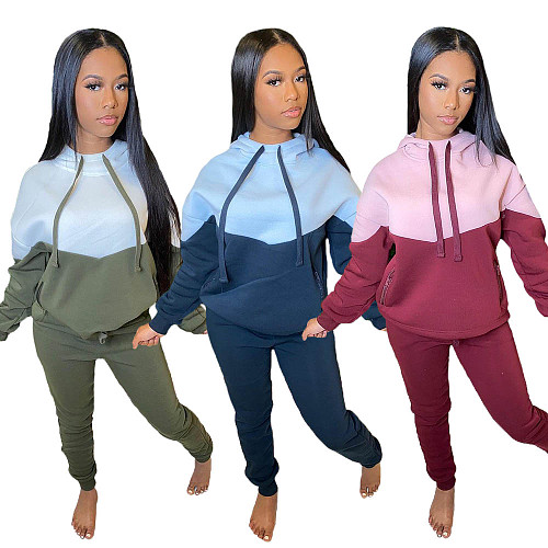Winter Color Patchwork Long Sleeve Hoodie Pants Matching Set YIM-164
