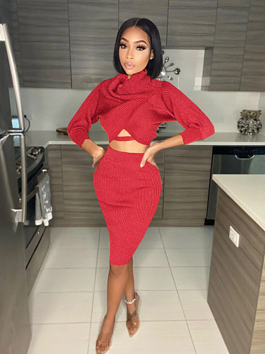 Solid Color Long Sleeve Irregular Hollow-out Top+Midi Skirt Set LS-0337