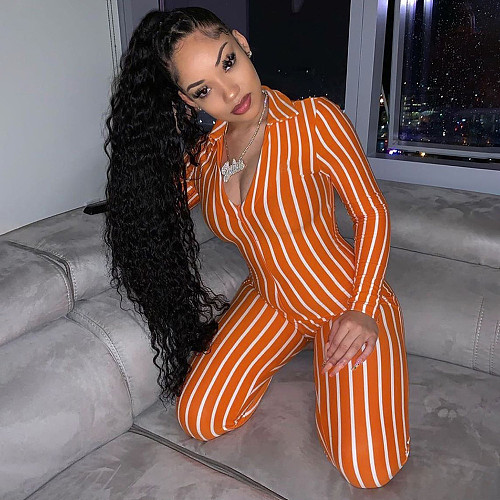 Women V-neck Striped Printed Long Sleeve Bodycon Jumpsuit RS-4403