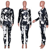 Tie-dye Printed Long Sleeve Round Neck Skinny Jumpsuit SH-390063