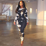 Tie-dye Printed Long Sleeve Round Neck Skinny Jumpsuit SH-390063