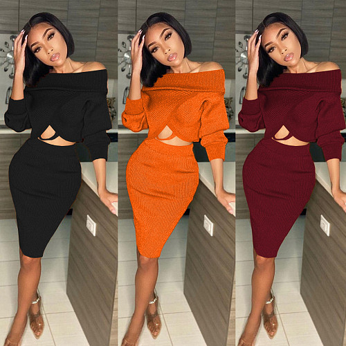 Solid Color Off Shoulder Bat Sleeve Crop Top Midi Skirt Suit MAE-2075