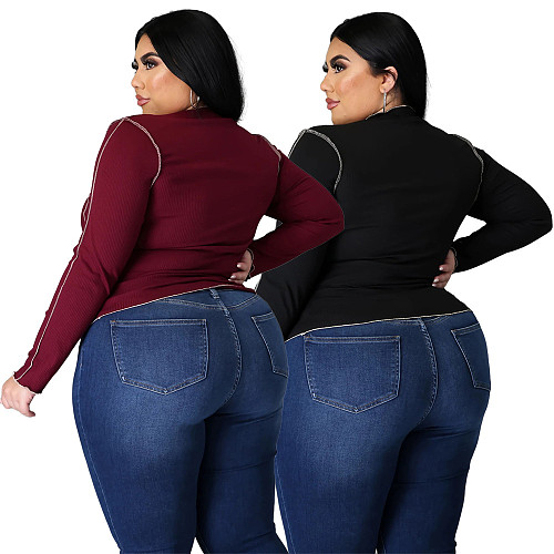 Plus Size Solid-color Knit Striped Long-sleeve Blouse ASL-7011