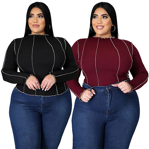 Plus Size Solid-color Knit Striped Long-sleeve Blouse ASL-7011