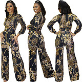 Chain Printed Long Sleeve High Waist Wide Leg Jumpsuit XMY-9292