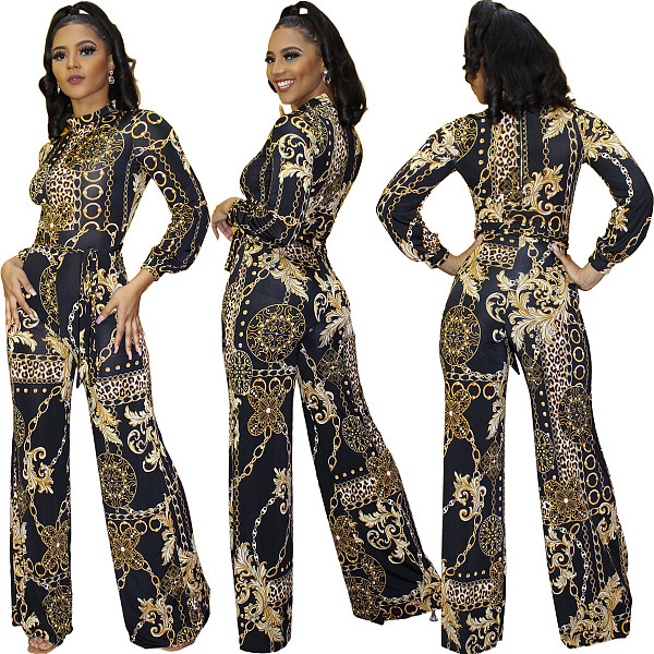 Chain Printed Long Sleeve High Waist Wide Leg Jumpsuit XMY-9292