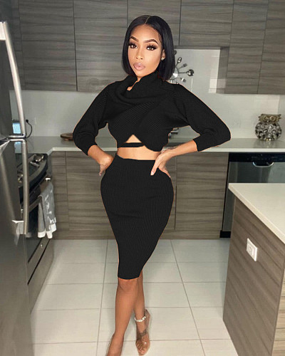 Solid Color Off Shoulder Bat Sleeve Crop Top Midi Skirt Suit MAE-2075
