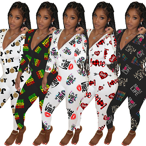 Sexy Deep V-neck Print Long Sleeve Sleepwear Jumpsuit WY-6742