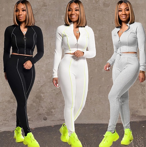 Long Sleeve Crop Top Pants Bodycon Jogging Sweat Suit MEI-9132