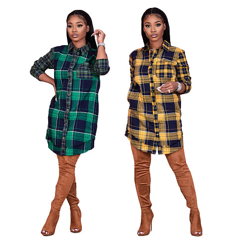 Autumn Women Long Sleeve Grid Printed Button Shirt Dress DY-6638