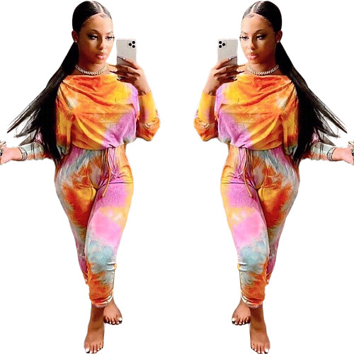 Tie Dye Print Loungewear Sweatshirt Tops+Pants Two Piece Set QZX-6188