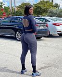Sexy Back Hollow Out Long Sleeve Crop Top Leggings Two Piece Outfits LSD-9072