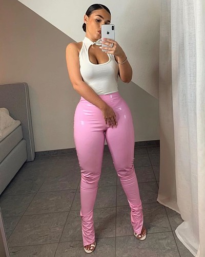 Women Faux PU Leather Side Split Bodycon Pencil Pants HMS-5385