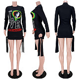 Pattern Print Long Sleeve Round Neck Lace-up Mini Dress ASL-6332