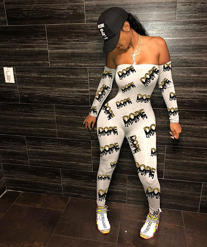 Sexy Print Off Shoulder Long Sleeve High Waist Skinny Jumpsuit WY-6744