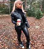 Women Faux PU Leather Side Split Bodycon Pencil Pants HMS-5385