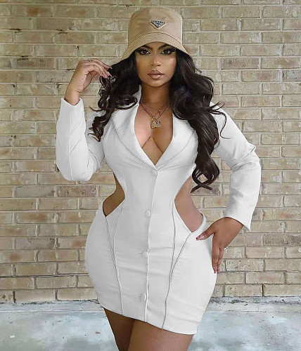 Women's Solid Long Sleeve Single-breasted Hollowed-out Dress YUM-9054