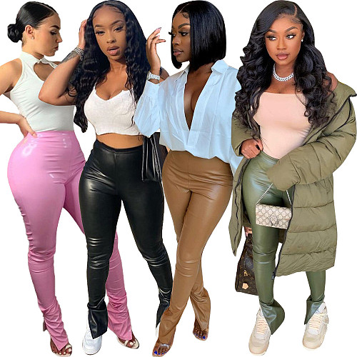 Women Faux PU Leather Side Split Bodycon Pencil Pants HMS-5385