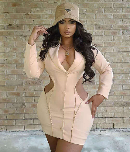 Women's Solid Long Sleeve Single-breasted Hollowed-out Dress YUM-9054