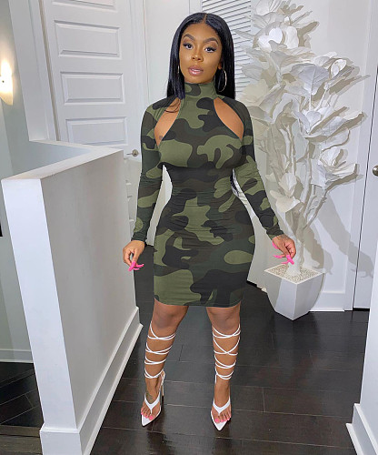 Fashion Women Camouflage Print Long Sleeve Midi Dress YUM-9055