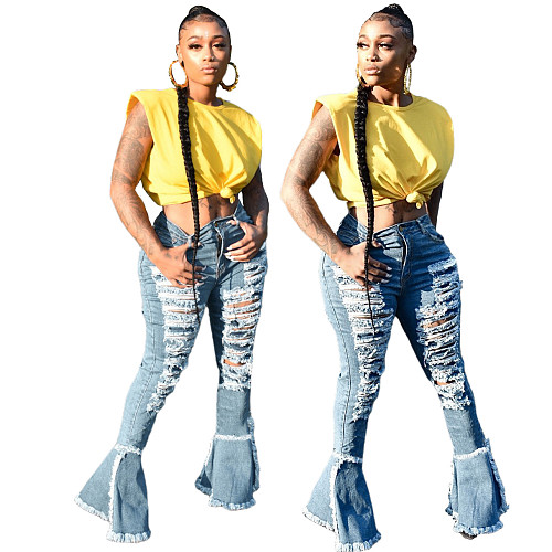Versatile Washed Ripped Spliced High-waisted Micro Flared Jeans HSF-2369