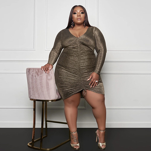 Plus Size V-neck Long Sleeve Drawstring Irregular Club Dress JLY-19158