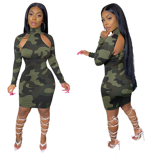 Fashion Women Camouflage Print Long Sleeve Midi Dress YUM-9055