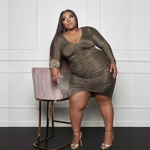 Plus Size V-neck Long Sleeve Drawstring Irregular Club Dress JLY-19158