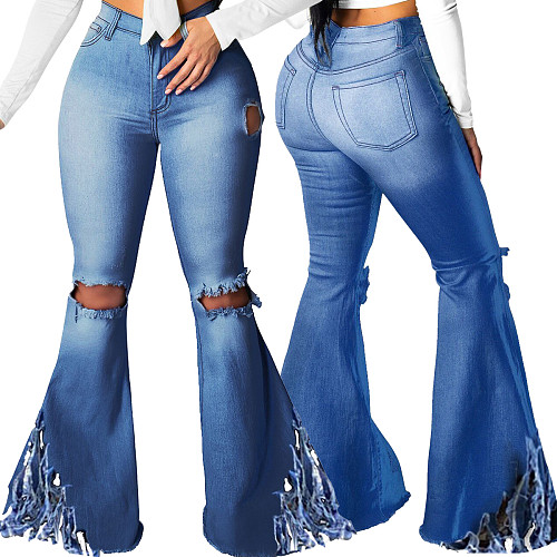 Plus Size Sexy Tassels High Elastic Denim Flared Ripped Jeans HSF-2383
