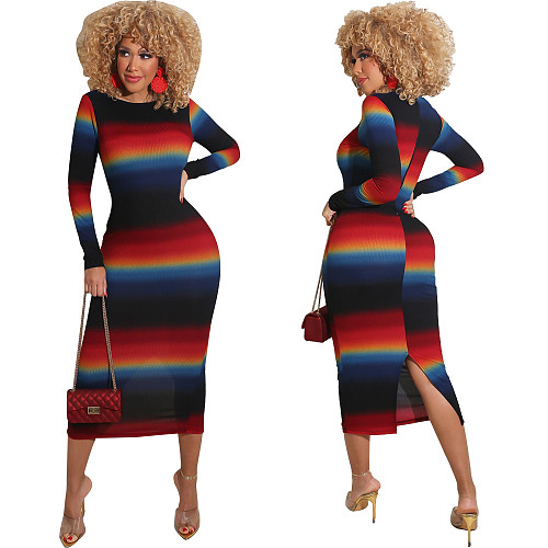 Gradient Print Women Long Sleeve Elegant Bodycon Midi Dress HMS-5419