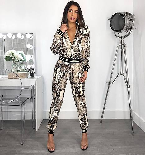 Serpentine Print Women Long Sleeve Coat Leggings 2 Pieces HMS-5180