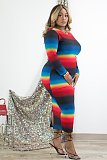 Gradient Print Women Long Sleeve Elegant Bodycon Midi Dress HMS-5419