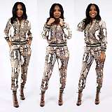 Serpentine Print Women Long Sleeve Coat Leggings 2 Pieces HMS-5180
