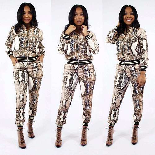 Serpentine Print Women Long Sleeve Coat Leggings 2 Pieces HMS-5180